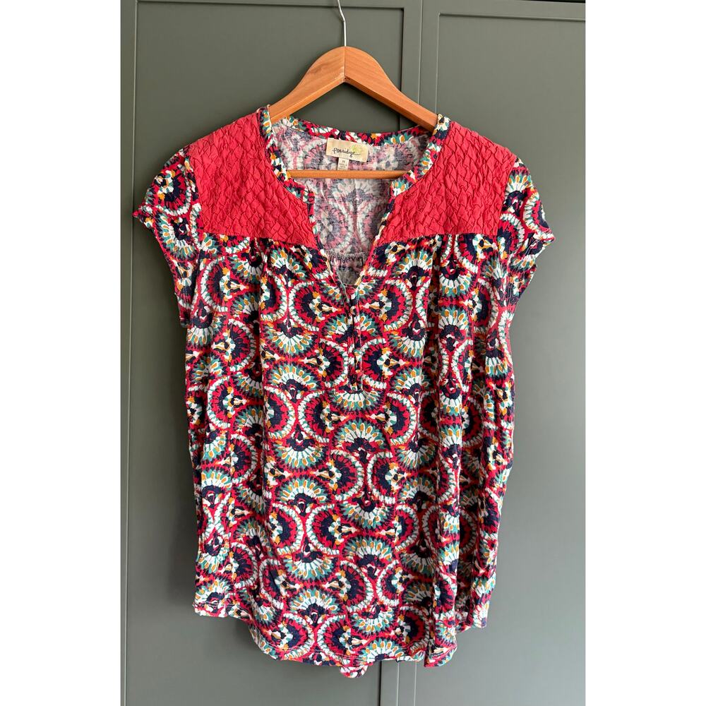 Anthropologie Multicolor Printed Cotton Blend Top with Coral Yoke